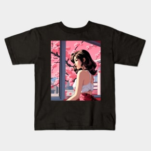 Japanese Girl Enjoying Cherry Blossom - Anime Drawing Kids T-Shirt